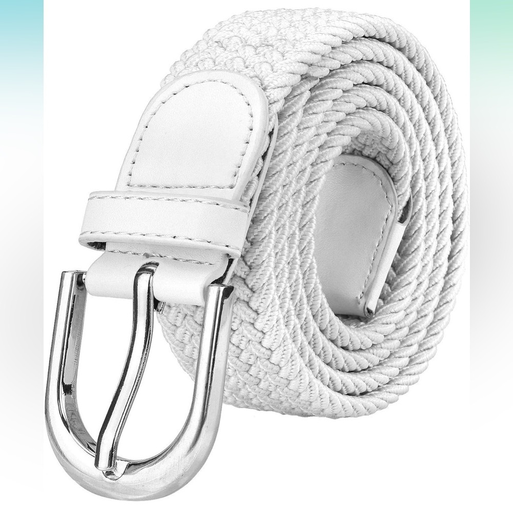 Falari Unisex White Elastic Stretch Braided Belt Canvas Fabric Woven No Holes